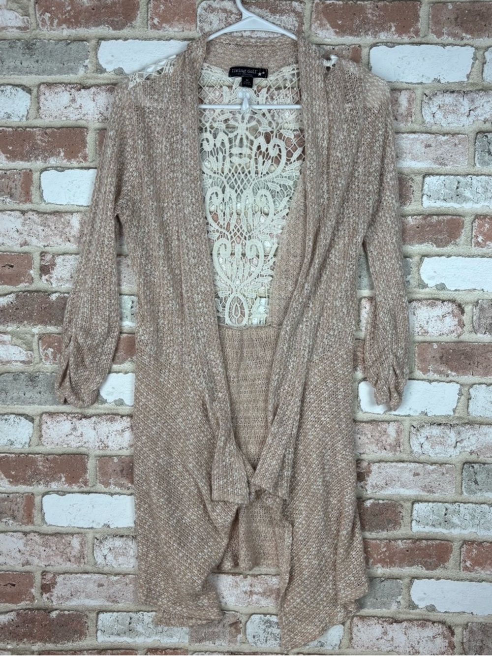 Living Doll Semi sheer long handkerchief cardigan| Medium Open Crochet Back y2k